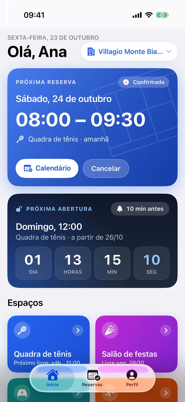 Tela inicial do app com a próxima reserva e a contagem para a abertura da agenda