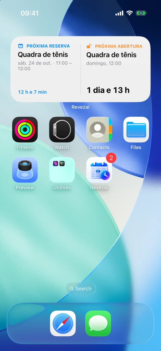Widget do Revezaí na tela inicial do iPhone com a próxima reserva e a próxima abertura